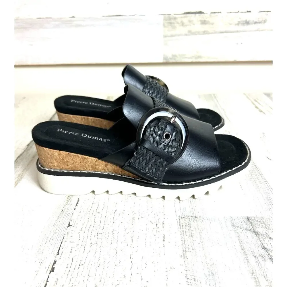 Pierre Dumas Womens 7 Black Leather Suede Buckle Platform Wedge Slip On Sandals